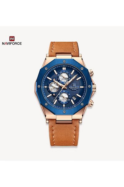 Naviforce Men's Chronograph Sports Watch Blue Dial Rose Gold Bezel Leather Strap Water Resistant
