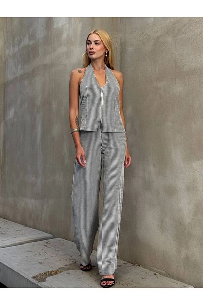hazelin Women's Black Striped Front Zipper Blouse Pants Double Suit Hzl25S-Zk13691