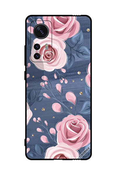 Covernex غطاء حماية لهاتف شاومي 12X بنقشة ورود وردية وأوراق رمادية داكنة