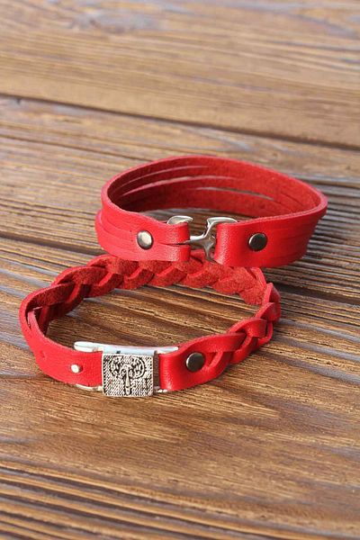 Celira Red Color Leather Men's Bracelet Combination with Metal Accessories