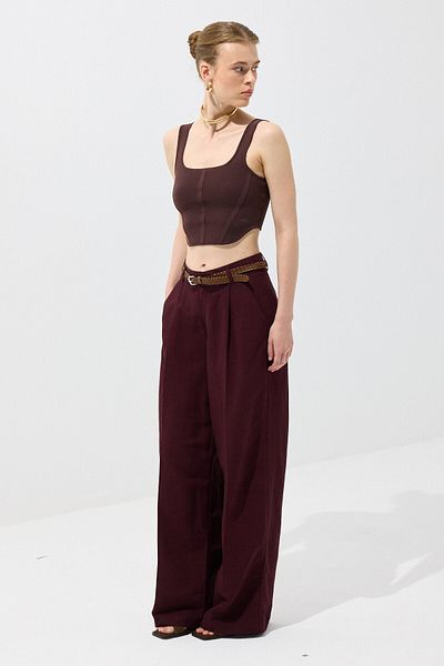 KUAD Burgundy Belted Linen Trousers