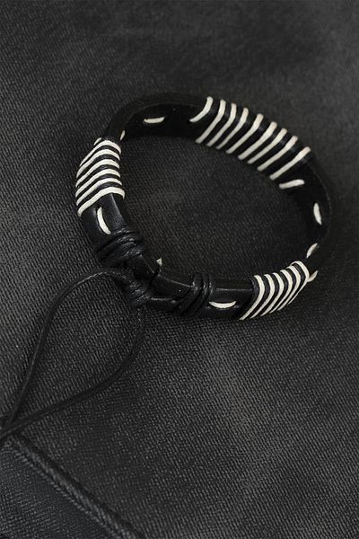 Celira Black Leather Men's Bracelet with White String
