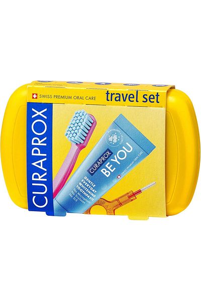 Curaprox مجموعة سفر صفراء | تتضمن فرشاة أسنان للسفر CS 5460، ومعجون أسنان Be You 10 مل، وCPS Prime 0