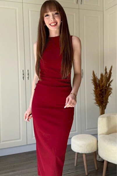 JANES Rochie Midi Janjan Creponată pentru damă, cu mâneci zero, cu decolteu O...