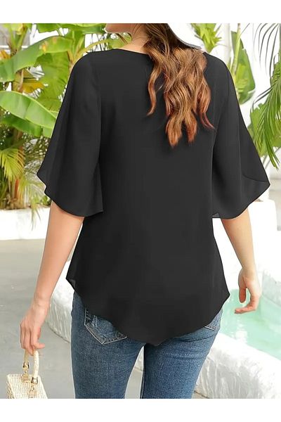 Moda Asmira Women's Short Slit Sleeve Round Neck Chiffon Blouse