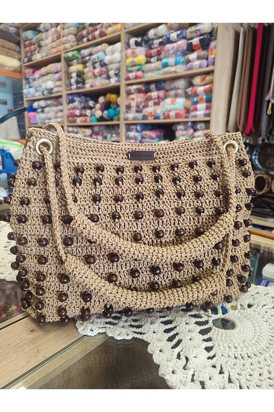 YUMAK HOBİ EVİ Wooden Beaded Paper String Knitting Bag