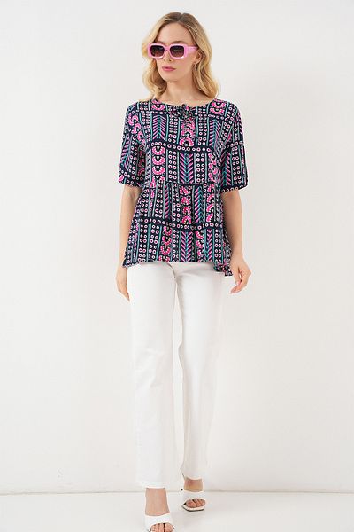 Bigdart Women's Patterned Short Sleeve Blouse 969 - Navy Blue