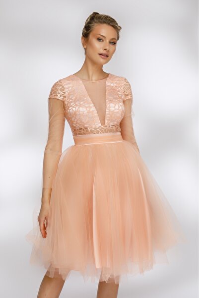 Atmosphere Fashion Rochie din tul baby doll, culoare somon