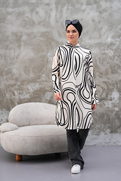 Polologin Butik Flowy Black and White Shirt Tunic