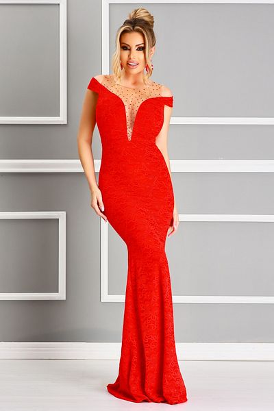Atmosphere Fashion Long red lace mermaid dress with pearls