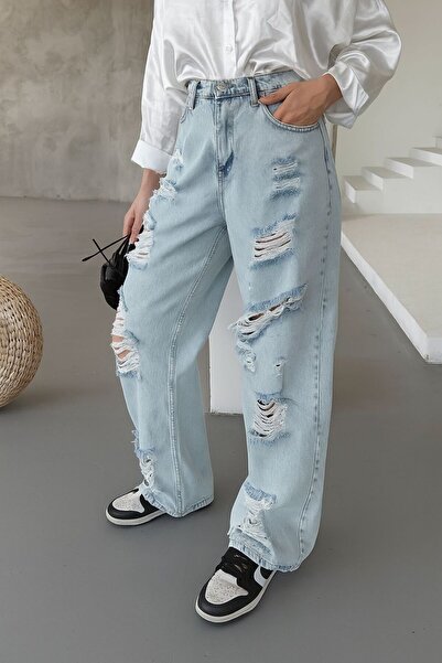 motix Kadın Yüksek Bel Geniş Paça Yırtık Detaylı Açık Mavi Jean Pantolon