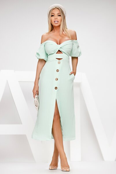 Atmosphere Fashion Linen midi dress in vernil