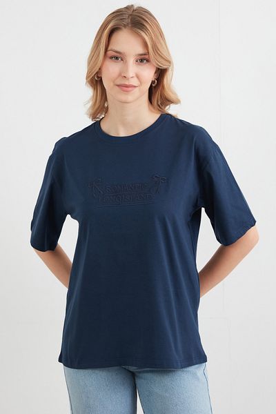 Fulla Moda Oversize T-Shirt with Text and Ribbon Embroidery