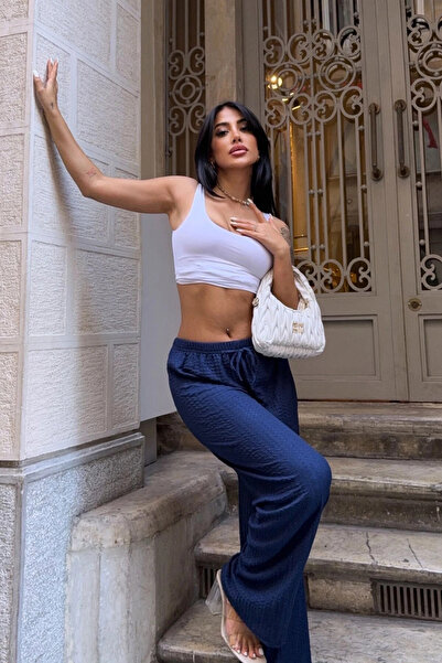 hazelin Women's Navy Blue Elastic Waist Comfortable Cut Wrinkle Pants Hzl25S-Dsb163631