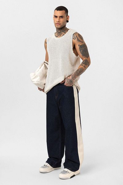 VAMOSCLO Side Stripe Baggy Fit Jean Dark Blue