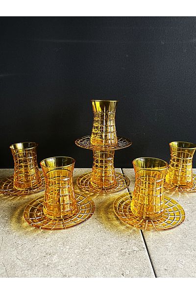 DECOSTYLE Pasabahce Saddlebag Cutting Decor Tea Set-6 Person 12 Piece Yellow Color