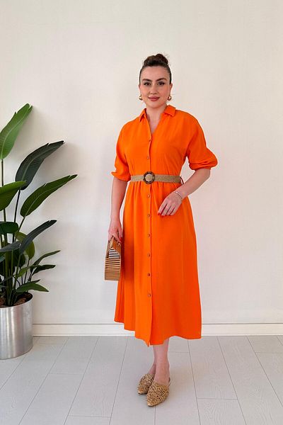 MaziButik Plain Straw Belt Dress Orange