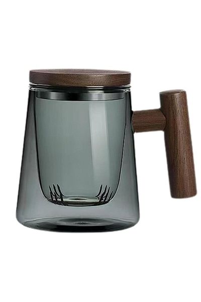 Qerhome Borosilicate Glass Glass Mug with Wooden Handle and Wooden Lid Glass Strainer 440 ml