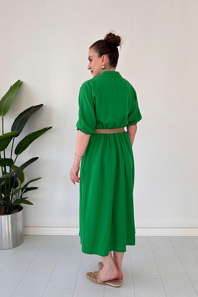 MaziButik Plain Straw Belt Dress Green