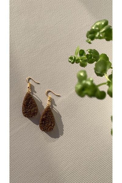 MISS GOLDEN Serrated Crystal Patterned Brown Color Gold Accessory Large Size Drop Shape Epoxy Earrings Handmade