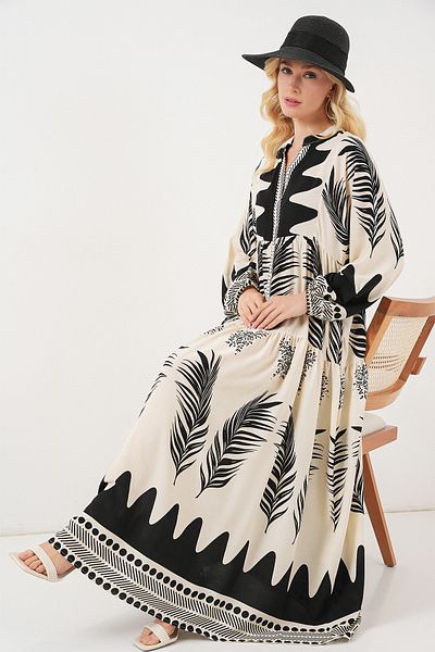 Bigdart Women's Patterned Long Hijab Dress 2585 - Black - White