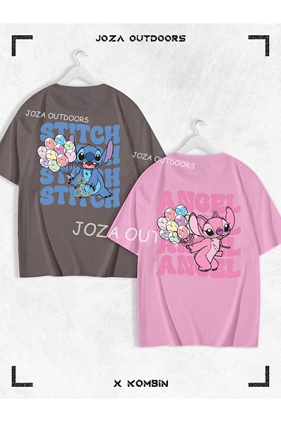 Jobia Outdoors Lilo Angel Stitch Written Back BACK Σετ μπλουζάκι με στάμπα για ζευγάρια συνδυασμένο υπερμεγέθη πολύχρωμο μπλουζάκι 2 τεμαχίων