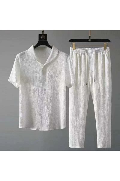 SeusCraft Bürümcük Crinkle T-Shirt Pants Set - White Regular Baby Collar