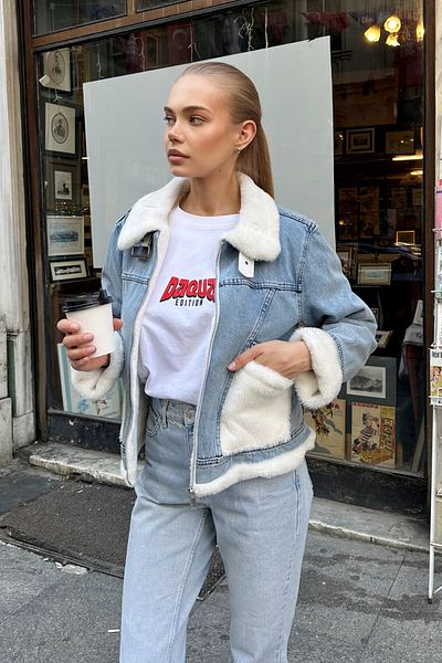 moda armanc Дънково яке с изкуствена кожа - Голям деним плюш