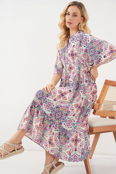 Bigdart Women's Patterned Short Sleeve Dress 2562 - Fuchsia