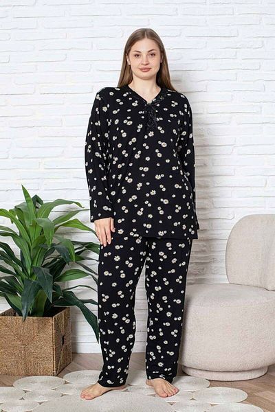 ALİMER Women's Daisy Patterned V-Neck 3 Button Viscose Plus Size Seasonal Long Sleeve Pajama Set