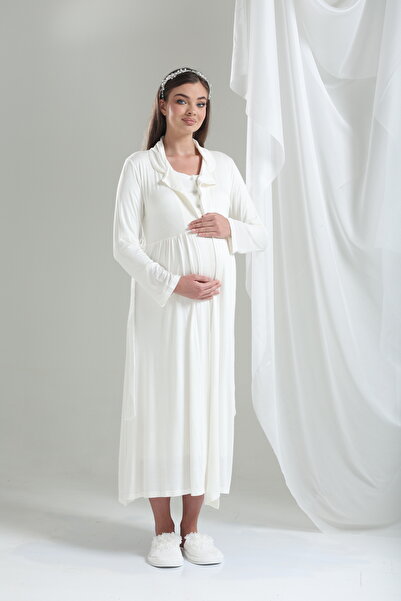 Genel Markalar Kadın Tuba Ekru Şal Yaka Uzun Kollu Pamuklu Lohusa Hamile Gece...