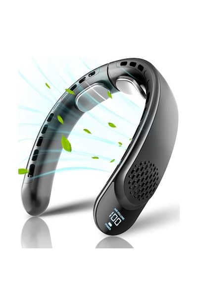 Optim Solution Ventilator de gât, 3 niveluri de viteză, afișaj digital, răcire la 360°, portabil, design pentru căști, negru