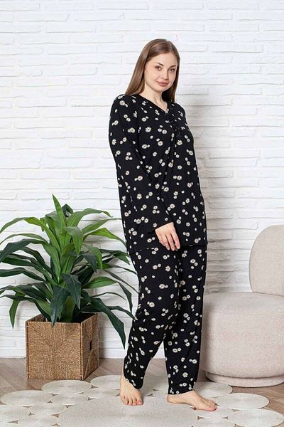 ALİMER Women's Daisy Patterned V-Neck 3 Button Viscose Plus Size Seasonal Long Sleeve Pajama Set