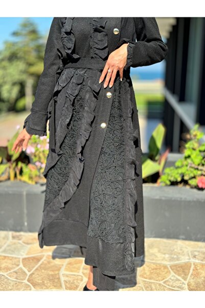MissWhence Embroidery and Silk Ruffle Detailed Crushed Felt Black Overcoat 36500