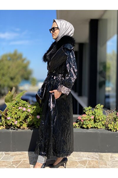 MissWhence Patent Leather Full Length Fur (Mobile) Overcoat 34519