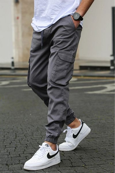 VIKUNYA Men's Dark Gray Jogger Cotton Cargo Pants Adjustable Waist Elasticized Legs Comfort