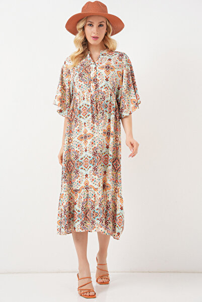 Bigdart Kadın Desenli Kısa Kol Elbise 2562 - Kahverengi