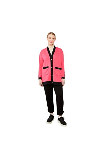 Levidor Fuchsia-Black Button Closure Cardigan Double Suit
