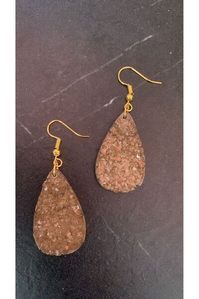 MISS GOLDEN Serrated Crystal Patterned Brown Color Gold Accessory Large Size Drop Shape Epoxy Earrings Handmade