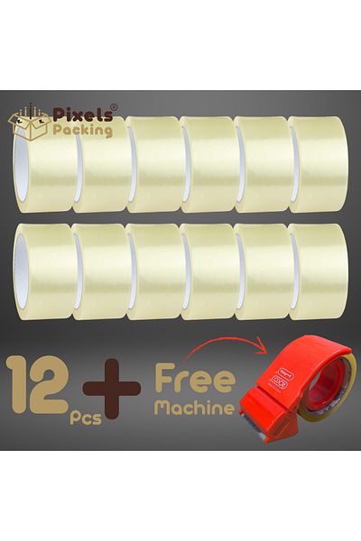 PixelsPacking PixelsPacking 12 Pack Clear Adhesive Tape + Tape Dispenser Cutter 80 Yards Long 2 Inch Wide, Perfect for Parcels