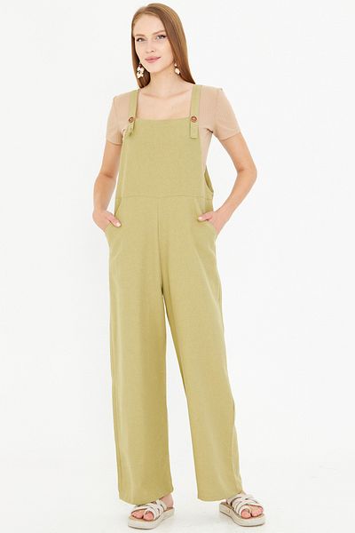 armonika Women's Green Pocketed Wide Leg Gardener Jumpsuit Arm-25Y001043