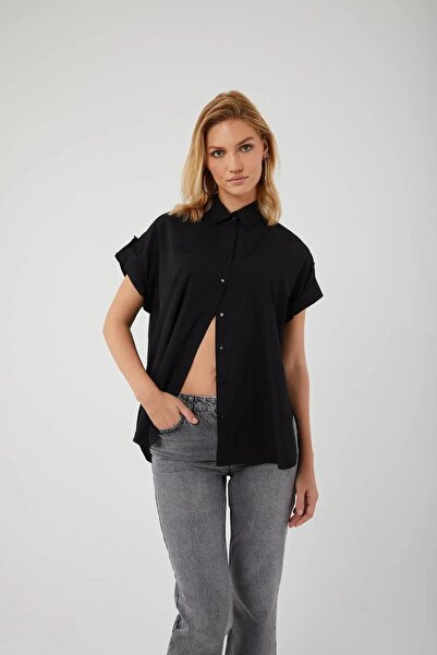 Mixray 3967 Women's Epaulet Short Sleeve Oversize Shirt Black
