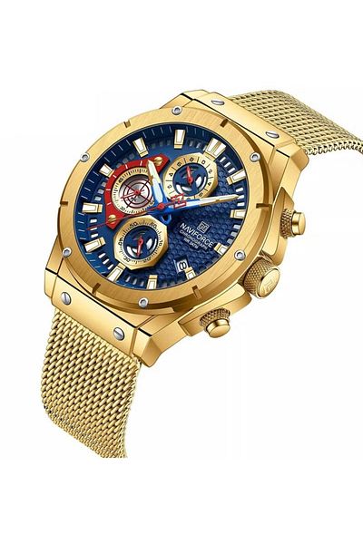Naviforce Men's Chronograph Watch Blue Dial Gold Mesh Strap Water Resistant