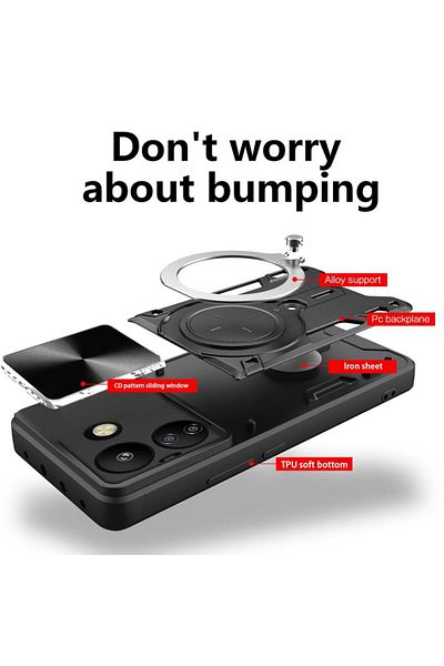 SKYDDAR INNOVATION Case for Xiaomi Redmi 13C 4G / Poco C65, CamGuard Pro, Magnetic Ring, sticker set, Black