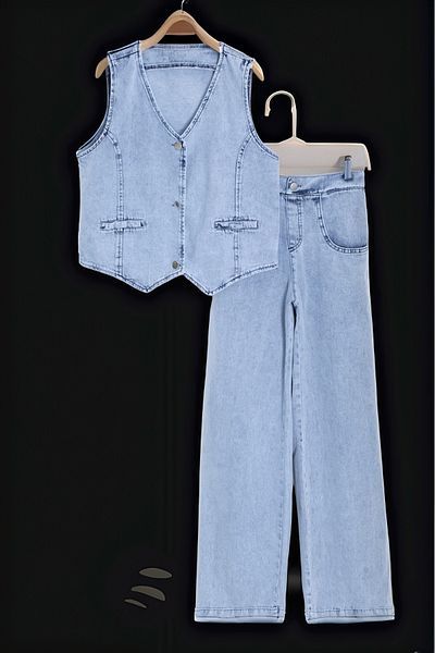Joui Co Girl's Vest and Trousers Ice Blue Double Bottom & Top Set