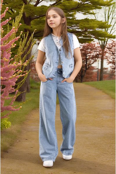 Joui Co Girl's Vest and Trousers Ice Blue Double Bottom & Top Set