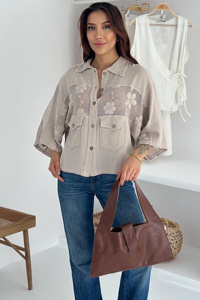 FEMELLE Women's Beige Standard Size Bat Sleeve Mesh Lace Detailed Poncho Shirt