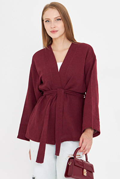 armonika Women's Burgundy Belted Kimono Arm-25Y001073