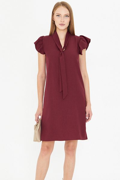 armonika Women Burgundy V Neckline Sleeves Ruffle Tie Detail Dress Arm-25Y001022