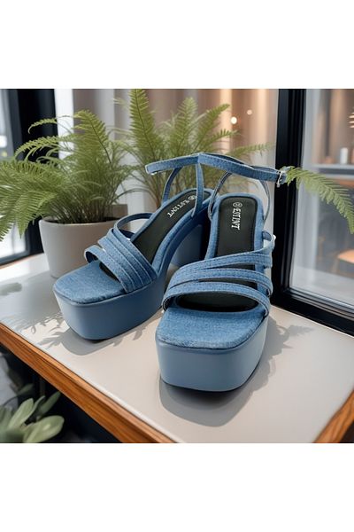 OEM Sandale dama cu platforma si toc gros, model versatil, material textil-denim, 1140, albastru